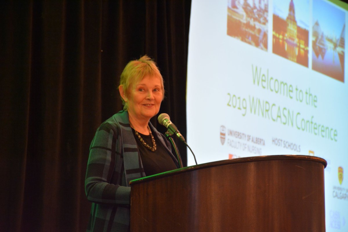 UAlbertaNursing's tweet photo. Vice Dean Olive Yonge welcoming Keynote Speaker Maryellen Weimer to the stage. #WNRCASN2019 is off to a great start! #UAlbertaNursing https://t.co/n1GADsF3sf
