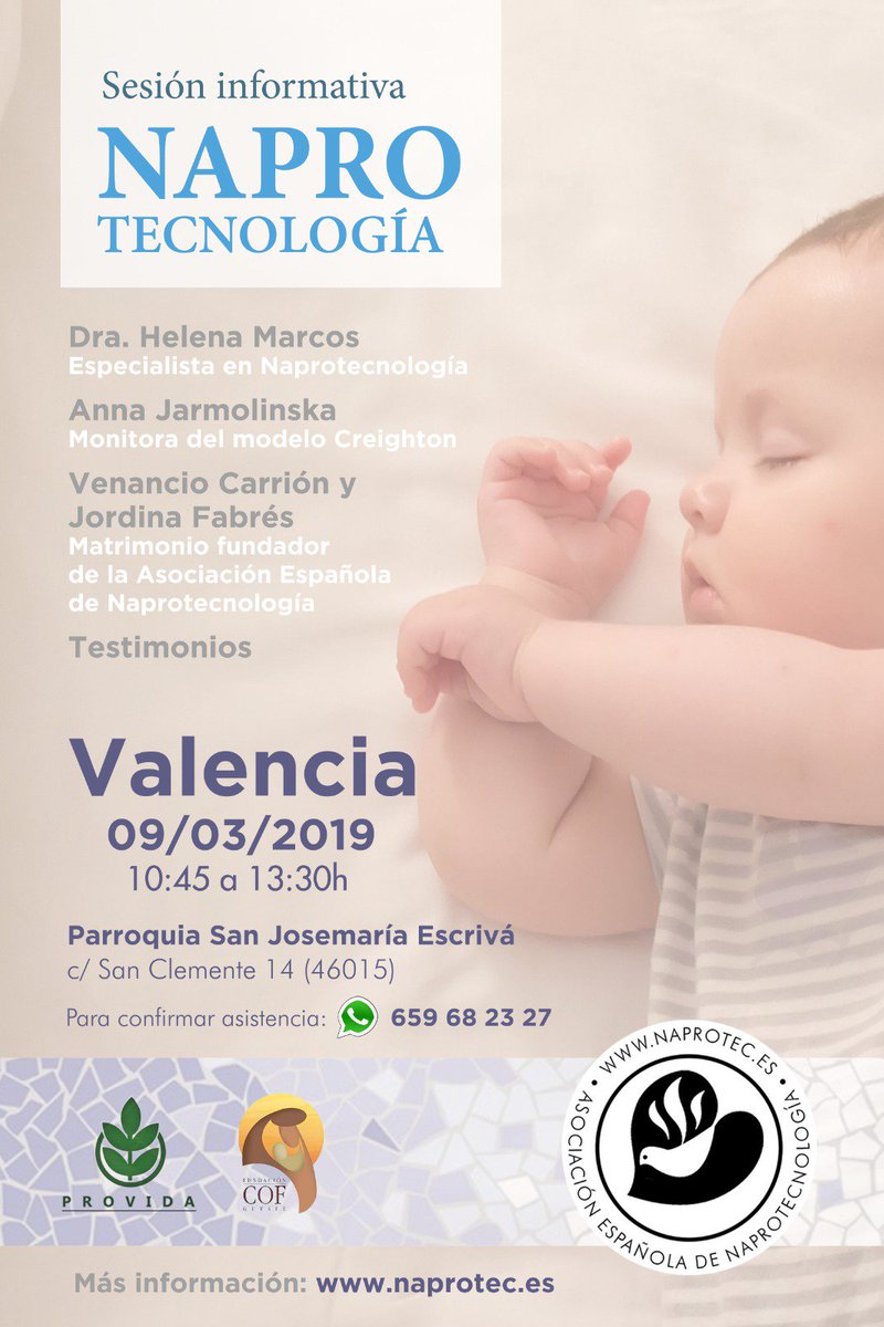 SanJosemariaVLC's tweet photo. Este sábado 9, tendrá lugar una sesión informativa sobre la #Naprotecnología. Participará la Dra. Helena Marcos, Anna Jarmolinska, monitora del #modeloCreighton. Tendremos testimonios de parejas que están utilizando dicho método. https://t.co/THNxBl6i0t https://t.co/RHosPPgdRk