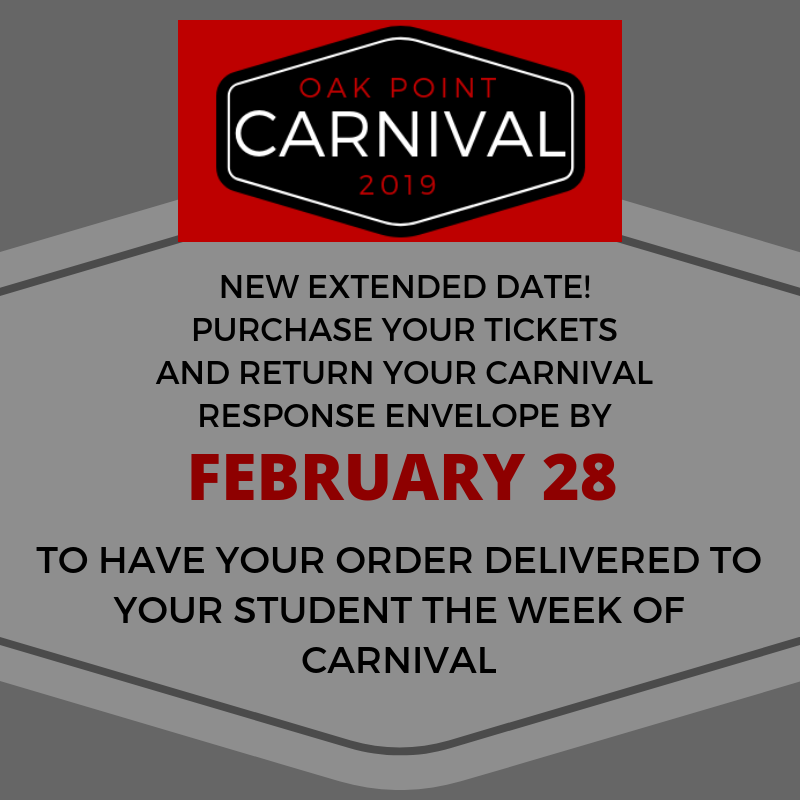Carnival Response Envelopes DUE DATE HAS BEEN EXTENDED! 
Order by February 28 for tickets to be sent home with your student.  Tickets ordered between Mar 1 and Mar 13 will be available for pick up at the Carnival.