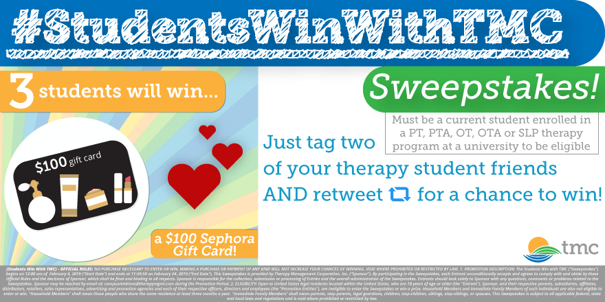 TherapyMgmt's tweet photo. It's the last week to enter our February #StudentsWinWithTMC Sweepstakes! Make sure you tag two of your therapy student friends for a chance to win a $100 Sephora Gift Card - 3 winners will be selected! - https://t.co/IbUFRkjSNd https://t.co/rU0LqETioa