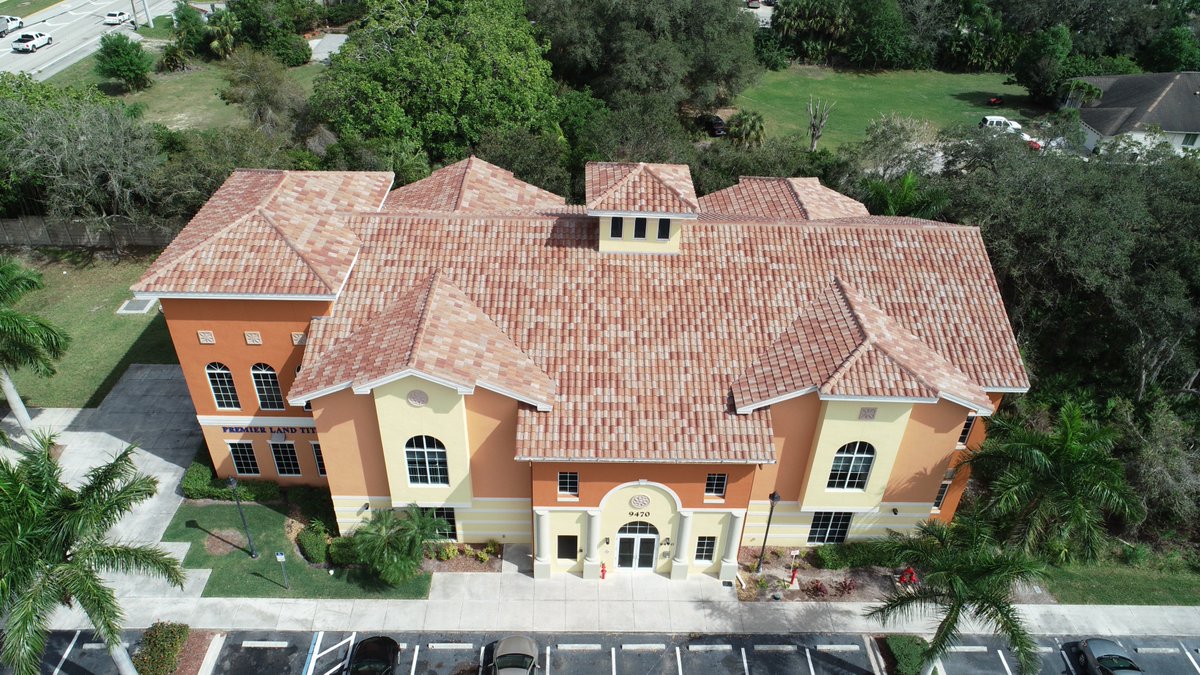 CFSroofingLLC's tweet photo. A collaboration between Corkscrew Palms and our very own CFS Roofing sloped division, is finalized. This tile project has completed the professional look on all these buildings. Scroll through our drone shots! #Roof #Roofing #Roofers https://t.co/5JQFRToiVb