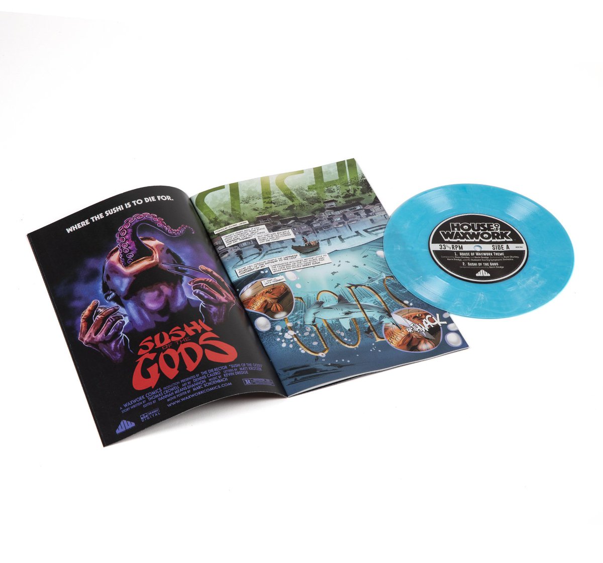 House Of Waxwork Issue 3! The new installment of the ongoing horror comic &amp; 7” vinyl soundtrack bundle drops tomorrow! Features all new stories, new music, and introduces The De-Composer! Available on your choice of "Necropants" Orange Vinyl or "Sushi Of the Gods" Temple Blue!