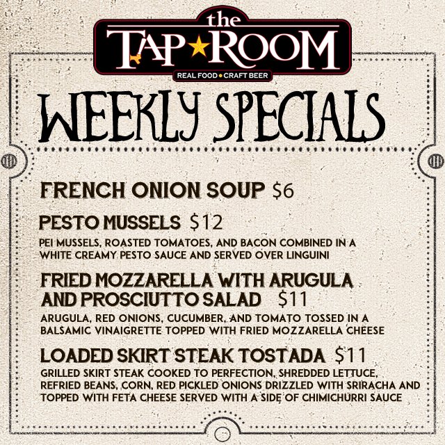 taproompatch's tweet photo. Ready for some sweeeeet weekly specials? We're serving up nothing but the best at Tap Room and you've got to get a taste of one of these delicious dishes! https://t.co/i2K1Pr6gkl