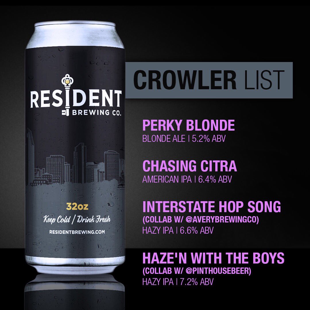 Resident Brewing (@residentbrewing) on Twitter photo Rain or shine, we have the following Crowlers available for purchase tomorrow starting at 11am:
• Perky Blonde Ale
• Chasing Citra American IPA
• Interstate Hop Song (Collab w/ <a href="/averybrewingco/">Avery Brewing Co.</a>) Hazy IPA
• Haze'n with the Boys (Collab w/ <a href="/pinthousebeer/">Pinthouse Brewing</a>) Hazy IPA Rain or shine, we have the following Crowlers available for purchase tomorrow starting at 11am:
• Perky Blonde Ale
• Chasing Citra American IPA
• Interstate Hop Song (Collab w/ <a href="/averybrewingco/">Avery Brewing Co.</a>) Hazy IPA
• Haze'n with the Boys (Collab w/ <a href="/pinthousebeer/">Pinthouse Brewing</a>) Hazy IPA