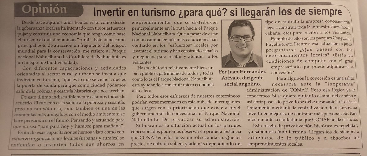 Compartimos la columna de opinión de nuestro coordinador del Frente Amplio en la provincia de Malleco <a href="/JuanHernndezA1/">Juan Hernández Arévalo</a>, en relación a las pobres políticas de turismo en la zona y a la privatización del Parque Nacional Nahuelbuta. #Malleco #PiedradelAguila #Angol