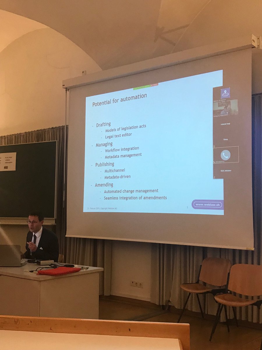 Franz_Kummer's tweet image. blaise dévaud and wolfgang hugentobler in der #IRIS2019 session mit ⁦@CodeXStanford⁩ topic: Automation of normative processes
