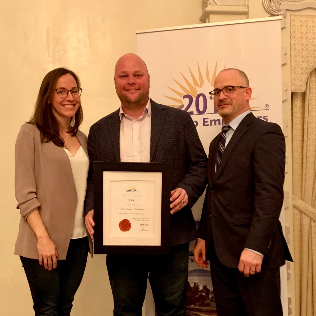 jack_newton's tweet photo. Thrilled to join ⁦@lhannigan⁩ in accepting this 2019 BC’s Top Employer award on behalf of #teamclio! So proud to be recognized as one of BC’s best employers two years running. #BCTopEmployers https://t.co/A5zuHyOUS7