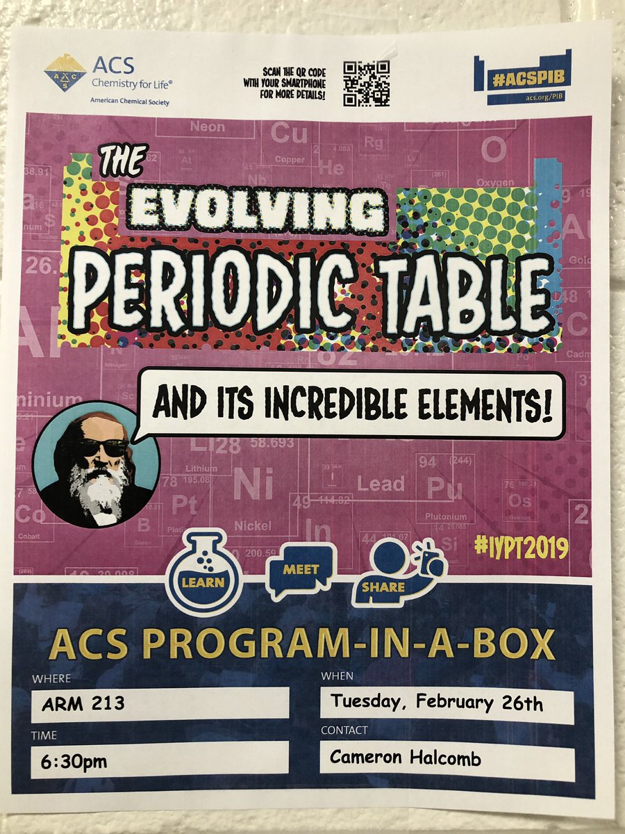 upikeACS's tweet image. Don’t miss out on our ACS Program-In-A-Box. Come learn about the periodic table in ARM 213, Febuary 26th starting @ 6:30. 🧪