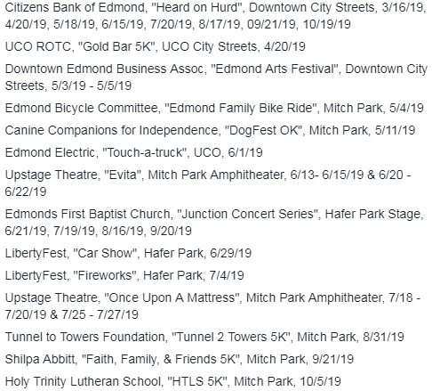 CityofEdmond's tweet photo. Lots of great events for 2019 were approved at the February Special Events meeting! More info can be found at https://t.co/J6kbQRJ4Nu. #SeeEdmond https://t.co/RJN1ZhWgH9