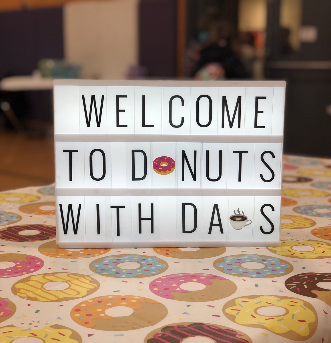 DardenSBCSC's tweet photo. We just D O N U T what we would do without our awesome Darden Dads! 💜 What a special day we had chatting, hanging out &amp; eating sweets at our annual “Donuts with Dads” event! Thanks a H O L E bunch to those who joined us! 🍩 @pkarban7 #TeamSouthBend @SouthBendCSC #DonutsWithDads https://t.co/ziw72HKmJc