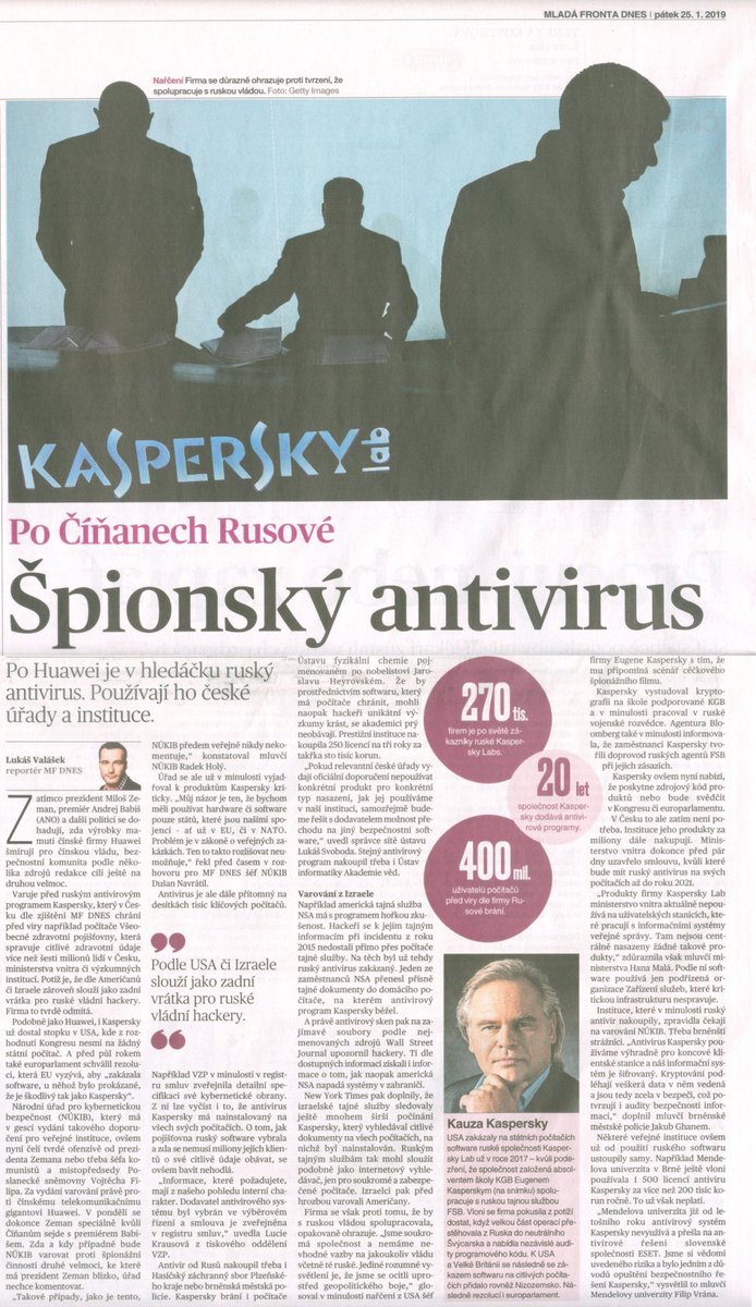 Anti-Kaspersky campaign in CZ. An article in one of the most read newspaper 'MF Dnes' from Jan 2019. #kaspersky, #antikaspersky, #purelypolitical #kav @kaspersky @e_kaspersky