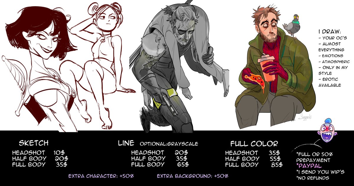 Hi there! I decided to open commissions, but twitter is somewhat new for me, so i feeling myself 'lil bit uncertainty about that. If you want me to draw for you, pls ?me: daria.snegovskaya@gmail.com
Specify category, describe details, add refs
ty for attention & rt, luv u all ? 