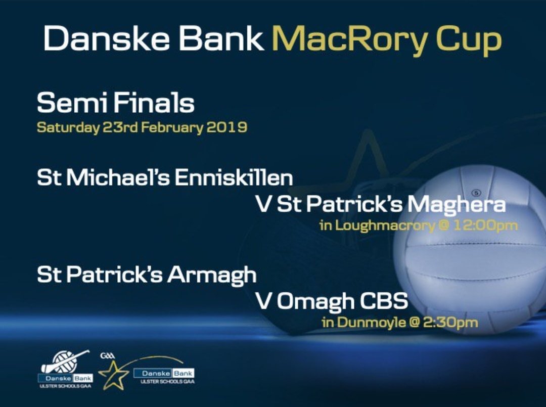 Good luck to Nathan McAdam, Seán McNally and <a href="/St_Michaels_Ekn/">St Michael's College</a> in the MacRory Cup semi-final against <a href="/StPatsMaghera/">St Patrick's College</a> this Saturday 23rd February at 12pm in <a href="/LoughmacroryGAA/">Loch Mhic Ruairí GAA</a>

Get out and support the lads! 🍀