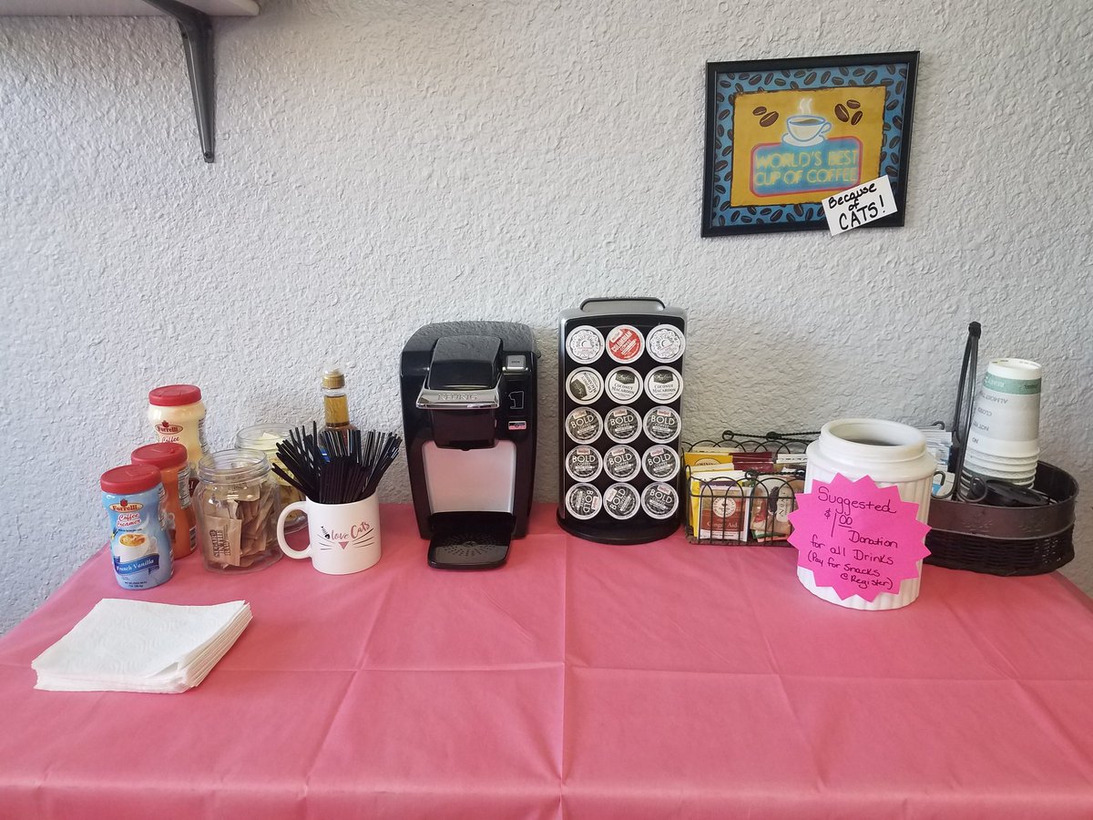 We now have a Health Department approved, simple coffee bar set up for KKC visitors.  You can have a cup of tea, coffee, hot chocolate or even grab a snack.    Drinks are available for a small donation, so come relax with the Karma Kats and enjoy a hot beverage.   Open until 8pm.