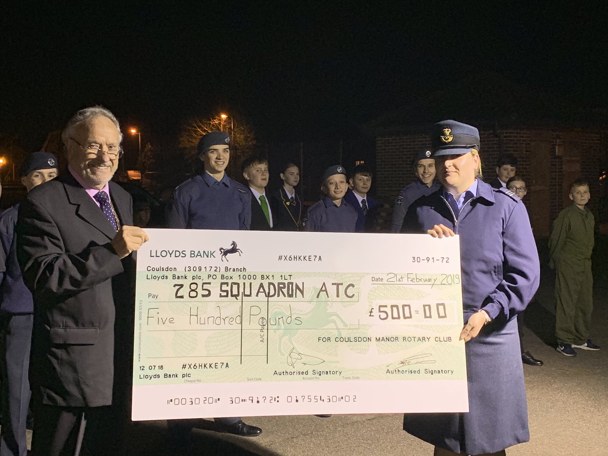 Tonight the Squadron was presented with a lovely big cheque from The Coulsdon Manor Rotary club. A massive thank you from all the cadets of 285!