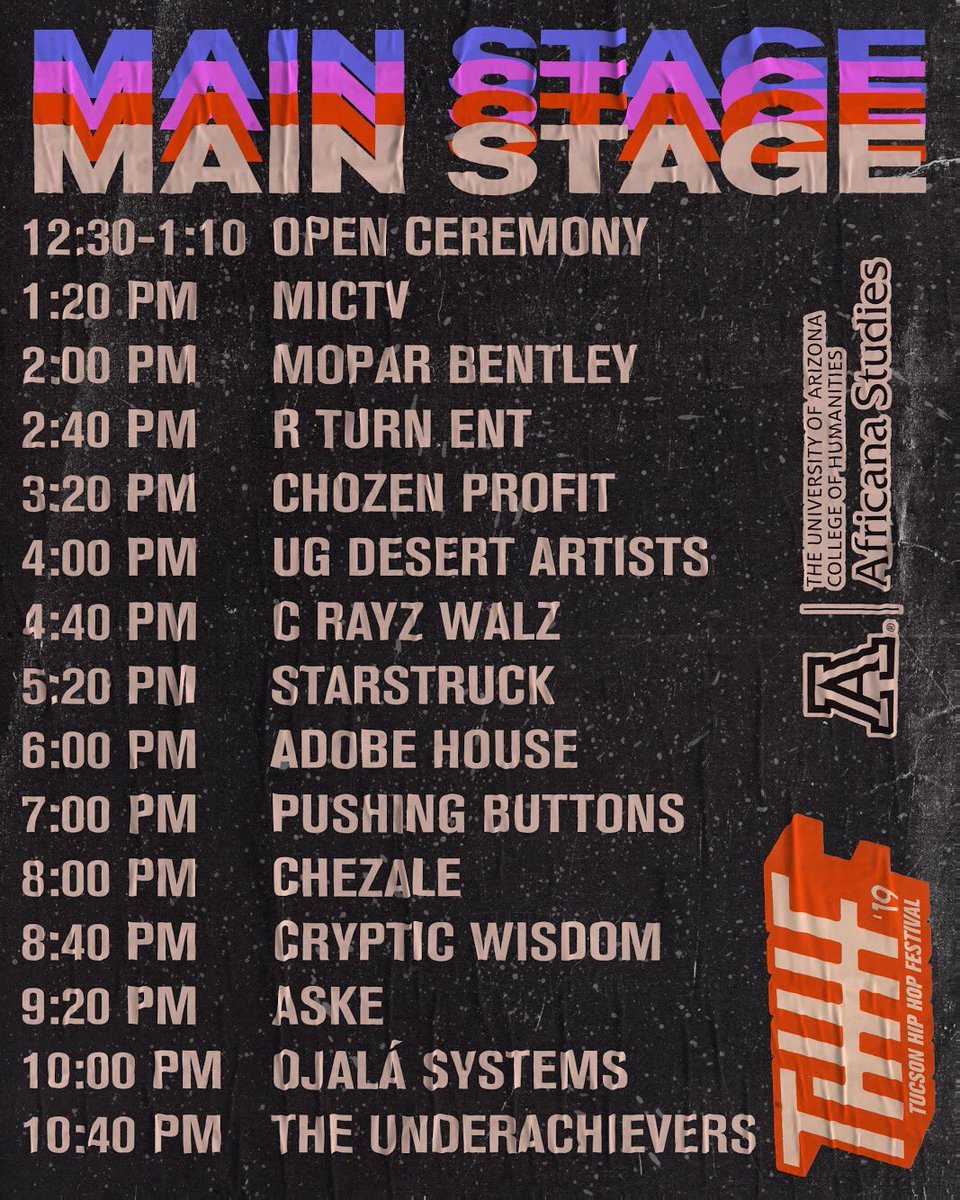 TucsonHHfest's tweet photo. 3/9/19: #THHF19 MAIN DAY, YA’LL! A full lineup w/ 🔥local artists &amp; @theunderachievers closing out an incredible day of events! Buy your tix, plan your day &amp; do it the #HipHop way!⚡️⚡️⚡️⚡️ Flyer design: @mylkweedx  

🎟: https://t.co/J0PnvBhIta

#tucson #hiphopfestival https://t.co/iAo9SulxLV
