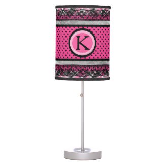 Pink Black Dot Lace Monogram Desk Lamp. Monogram Motifs by LaKenya Monique  goo.gl/38HG3b #lakenyamonique #mccallacoulture #customart #customdesigns #monogrammotifs #zazzle #customlamps #girlsroom