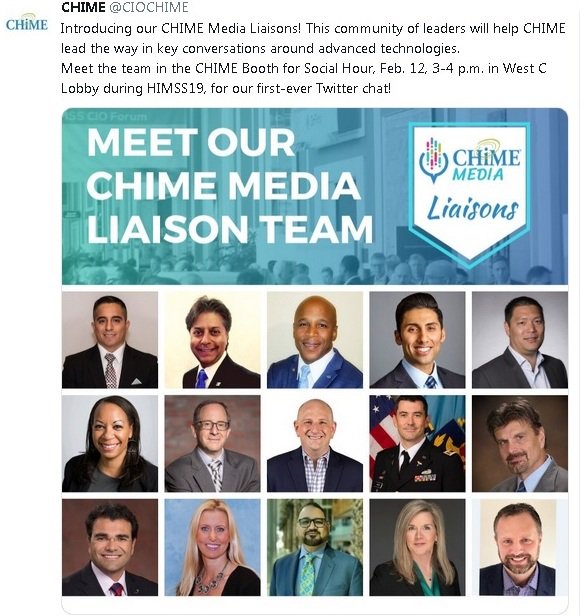 Honored to be part of this amazing group of #innovators! - #CHIMEMedia #Liaisons #ThoughtLeaders #HealthcareIT #HealthIT 
#AdvancedTechnology #TransformingHealth #TransformingCare 
#TwitterChat #CHIME #Pinksocks #HIMSS19 #Aim2Innovate #ChampionsOfHealth #EmpowerHIT #HIMSSTV #CIO