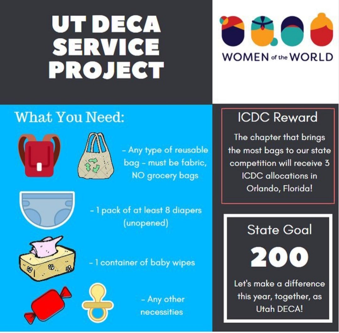 WEBER_DECA's tweet photo. Hey Warriors we need your help with our service progect! DECA is gathering baby items that will go into diaper bags for Women of the World, a non-profit organization helping refugee woman &amp; children. Bring your items to Ward's room by Thurs. &amp; help us make a difference #UTAHDECA https://t.co/YbiSvzg7om