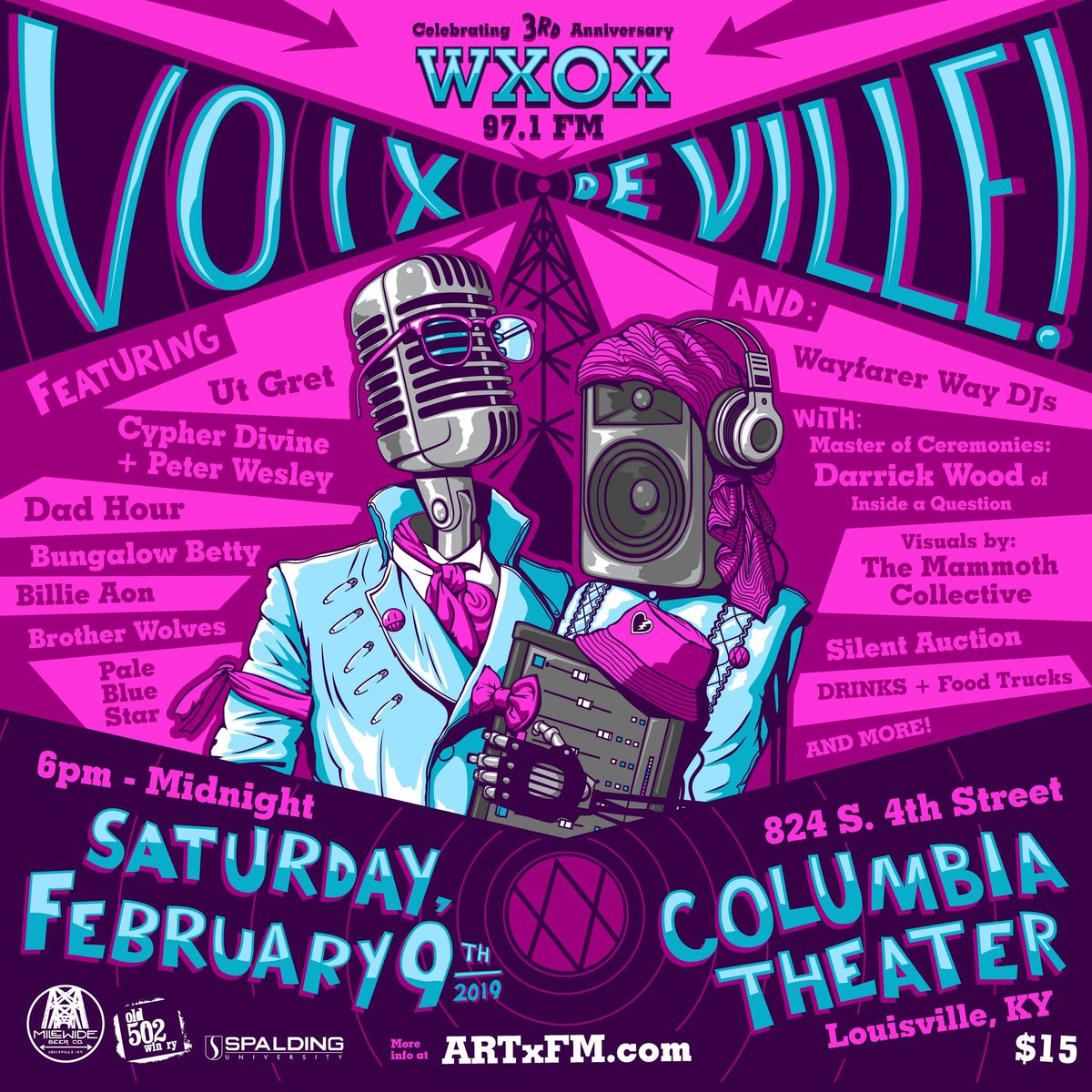 LouMUSICulture's tweet photo. Tonight's the night! Help @ARTxFM, Louisville's non-profit independent radio station, celebrate their 3rd Birthday! Doors just opened for #VoixDeVille at the Columbia Theatre on S. 4th Street... Live music, DJs, silent auction. https://t.co/Ep4zCbuhMr https://t.co/IrmLJ1uv8f