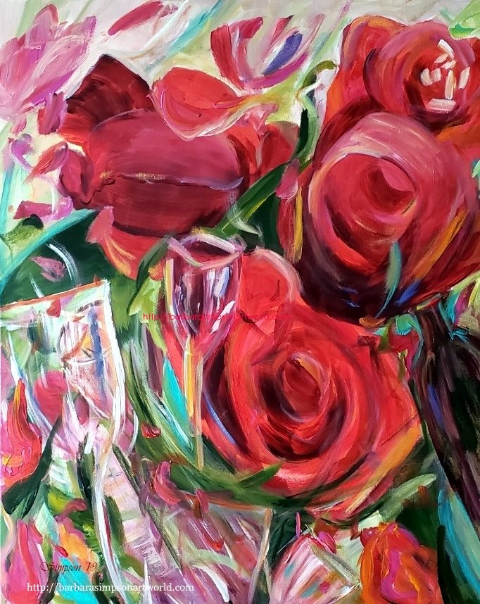 WINE AND ROSES, 24' W x 30'H, acrylic / gloss varnish on gallery-wrapped canvas, by yours truly and it is available. This painting, filled with much love and fun, has romantic tones too! Love ... #StCatharines  #artist #mybliss #painting #fineart #wineandroses #flowers #original