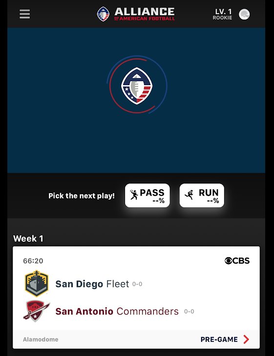 APPtimizeGroup's tweet photo. "Is the next play a pass or run?" @aaf kicks off today with an interactive real-time app and some interesting new rules. Test your football IQ by predicting the next play with the official app of The Alliance of American Football: https://t.co/UtarAXkgCS  Good luck #AAF @nfl 2.0 https://t.co/r1zQ8S893X