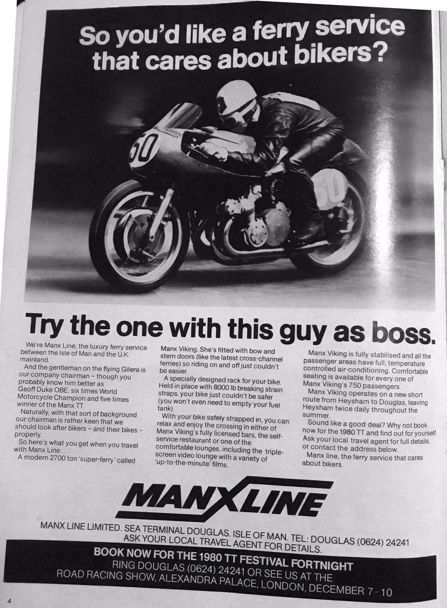FireStallion666's tweet photo. A couple of ads from 1979 - who remembers the ManxLine ? Before my time - Geoff Duke was chairman 👍👌#manxline #manxviking #geoffduke and were you at the Road Racing Show @AllyPallyWatch 1979 ? #RoadRacing @ttscwebsite @MotofestIOMTT https://t.co/uskDmGBPak