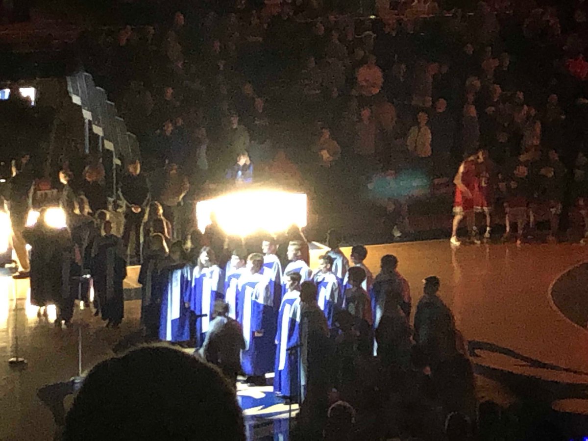 RoyWebbQPS's tweet photo. An amazing job performing the Star Spangled Banner by our QSHS Concert Choir prior to Blue Devil Basketball! Our music department including  our pep band is a big part of that Blue Devil homecourt atmosphere. https://t.co/dm2rxz48QF