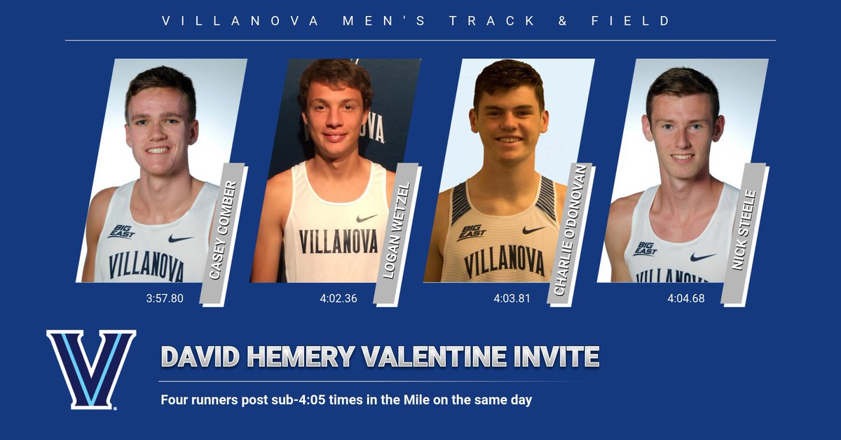 Memorable day at #DavidHemeryInvite! <a href="/CJ_Comber8/">Casey Comber</a> becomes 40th Villanovan to run a sub-4:00 mile and we had 4️⃣ guys go under 4:05 in the same meet! Big races for @LoganWetzel <a href="/charlieod_1500/">Charlie O'Donovan</a> @mr_nicksteele