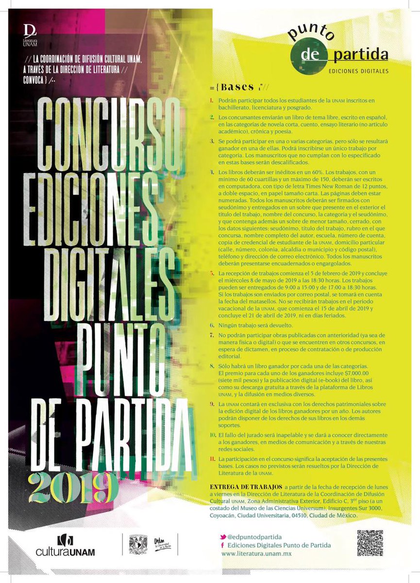 <a href="/edpuntodpartida/">Ediciones Digitales</a> Si estás cerca de concluir tu novela corta o un libro de cuentos, poesía, crónica o ensayo literario, te invitamos a inscribirte en el Concurso de Ediciones Digitales Punto de Partida. #EdPunto2019   📚📚