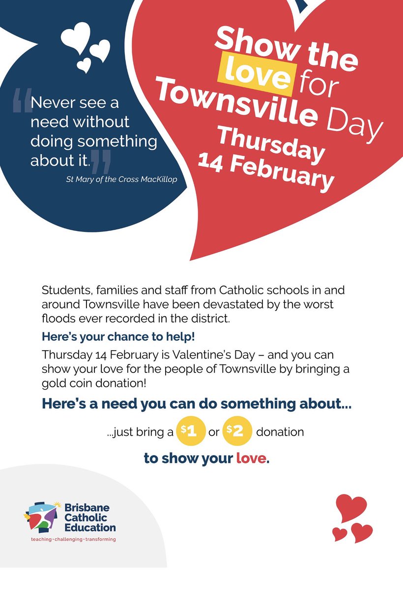 StThom_CampHill's tweet photo. This Valentine’s Day (Thursday) we will join with our BCE family to help raise much needed funds for our friends in northern QLD impacted by the floods. We continue to keep them in our thoughts and prayers 🙏 Let’s be generous! #showthelove #WearCompassion #bcesecluster https://t.co/MbYnGZN2El