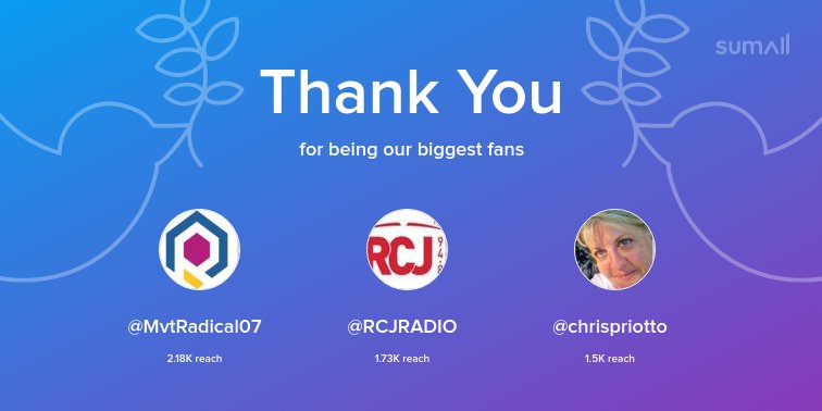 Our biggest fans this week: @MvtRadical07, <a href="/RCJRADIO/">Radio RCJ</a>, <a href="/chrispriotto/">Christine Priotto🎗️🇺🇦🕊</a>. Thank you! via sumall.com/thankyou?utm_s…