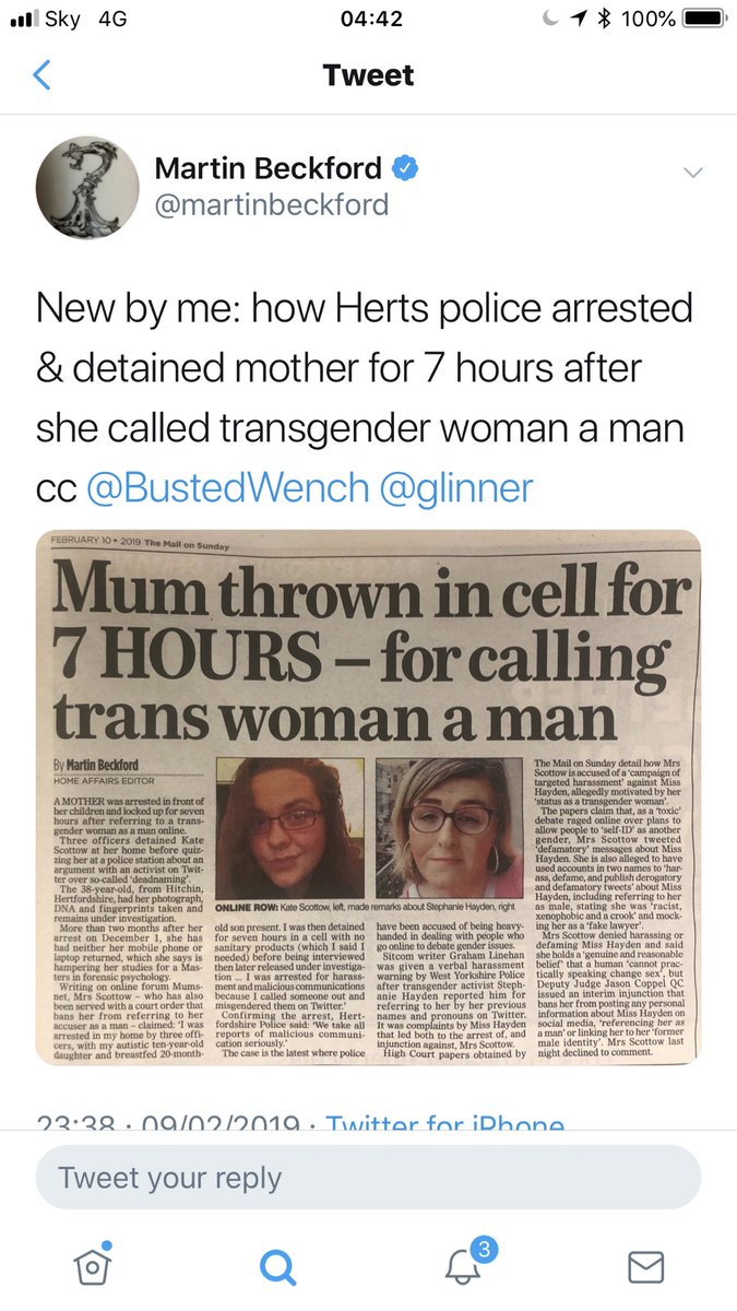 flyinglawyer73's tweet photo. Today @martinbeckford has ran a story about me in the Mail on Sunday, which is factually disingenuous and flouts an injunction. It also prejudices ongoing criminal proceedings. I was not made aware of the story. I was offered no right of reply. #transgender https://t.co/Z5gxRyn6mv