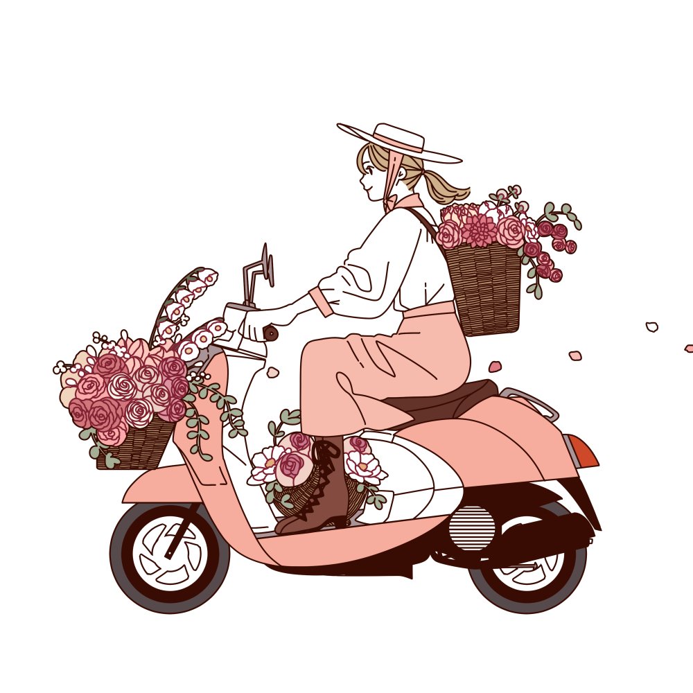 1girl ground vehicle solo motor vehicle flower white background shirt  illustration images