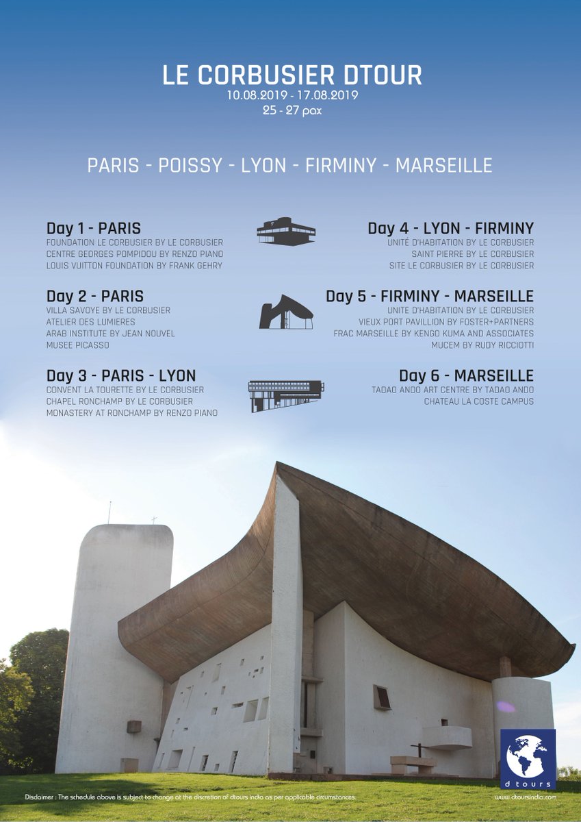 archohm's tweet photo. Le Corbusier DTours is all set for their next..!
Dates: 10 June -16 June, 2019
To join the Experiential Tour, you may write to us dtours@designfactoryindia.org
"Experience the masters like never before"
#DTours #DesignTour https://t.co/jcR3FBejDy