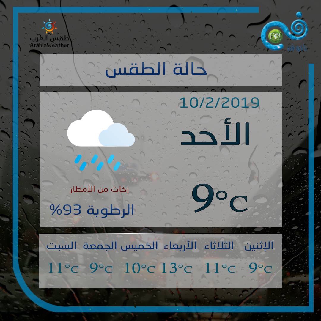 الأحد والإثنين | منخفض جوي مُرفق بكتلة هوائية باردة ورطبة .. أجواء باردة وهطول لأمطار متفرقة في العديد من المناطق⁣
⁣
الثلاثاء | تستقر الأحوال الجوية على المملكة مع ارتفاع قليل على درجات الحرارة⁣
⁣
#راديو_فن #RadioFann