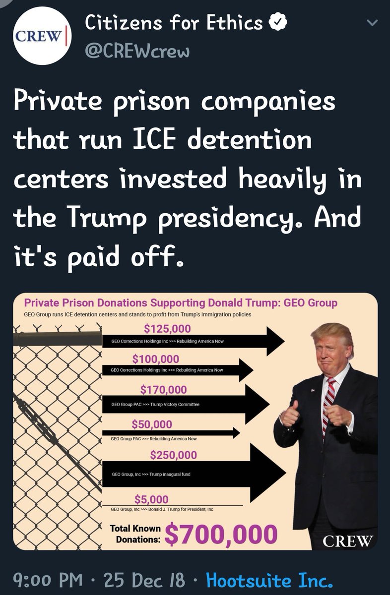 Coincidently private prison companies that run  @ICEgov detention centers invested heavily into the Trump presidency..