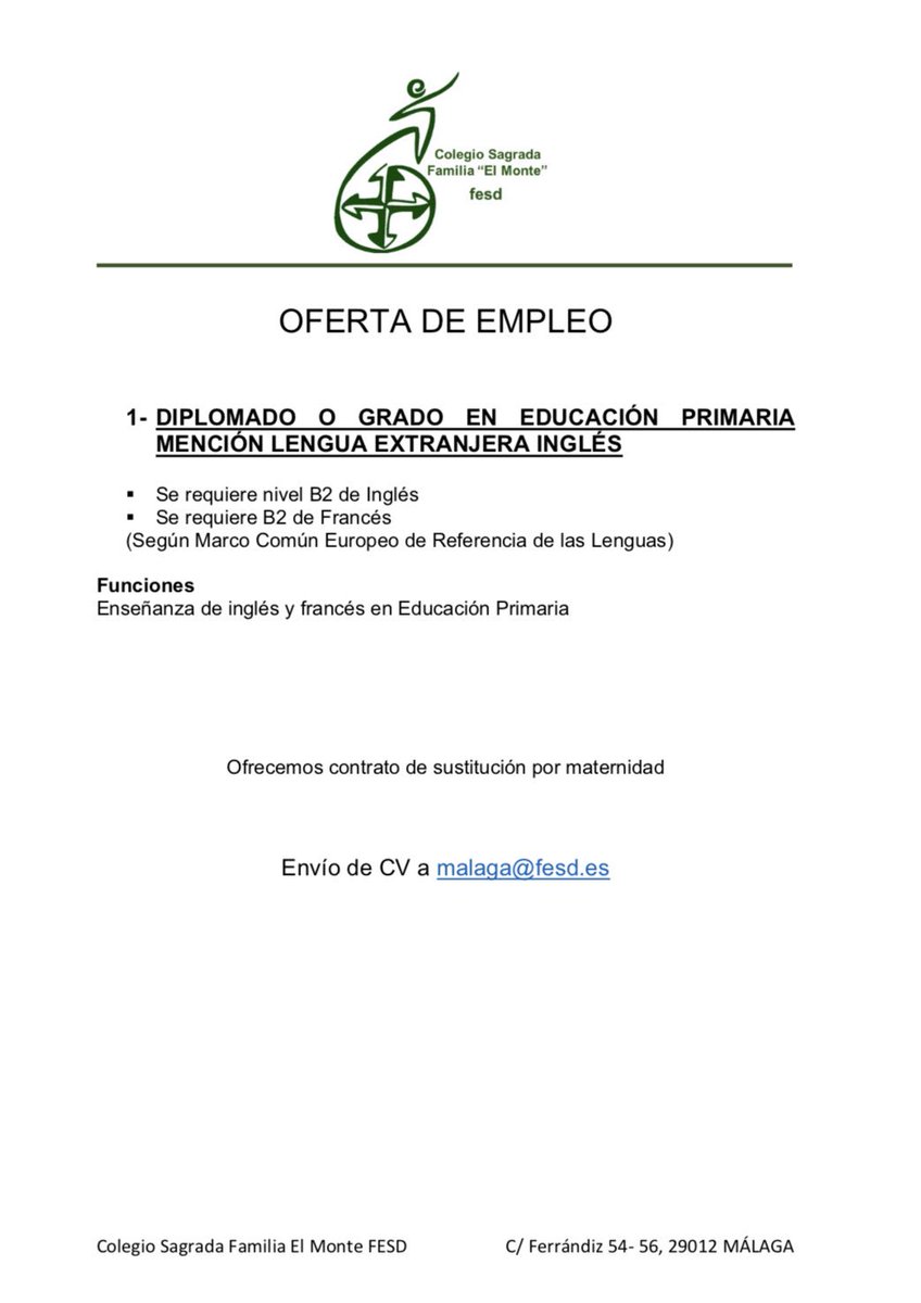 colegioelmonte's tweet photo. ¡Si quieres trabajar con nosotros! ¡Ésta es nuestra oferta de empleo! ¡Gracias por compartirla! #somosfamilia #somosfesd https://t.co/WkfaC7yU4v