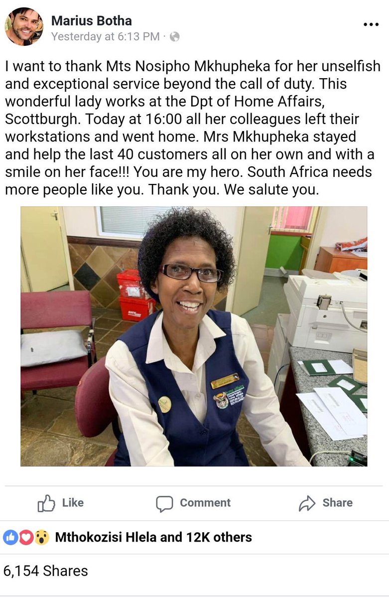 EDAyandaDlodlo's tweet image. My heart has been warmed by the trending story of Ms Nosipho Mkhupheka,
a dedicated and selfless home affairs official who embodies the ethos of Batho Pele.
On behalf of the Public Service, I wish to extend our gratitude for your dedication to our people. 
Enkosi Nosipho 🙏🏿🙏🏿