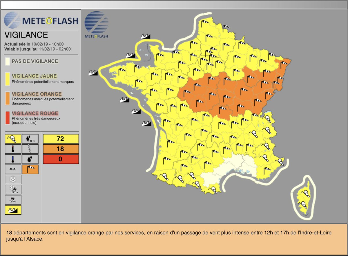 meteoflash's tweet photo. 🛑⚠️Actualisation du Dimanche 10 Février 2019 à 10h :
18 départements en #vigilanceorange #vent violent / #tempete

Le #phénomène le plus fort est attendu entre 12h et 17h d'ouest en est. https://t.co/deGbhSa74I