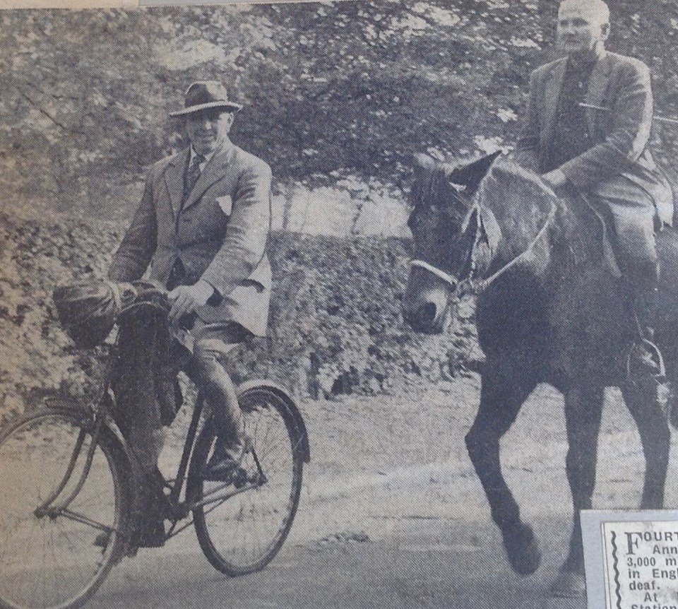 Western Mail 1958, photo Derek Evans: Mr T A Ellerton learned to ride in India & Africa and, having lost his sight, went to live at Hampton Grange Home for the Blind #Hereford. Eager to continue riding, he found a Mr G Ellis with a quiet Exmoor pony for pony+cycle rides! #HLTAL