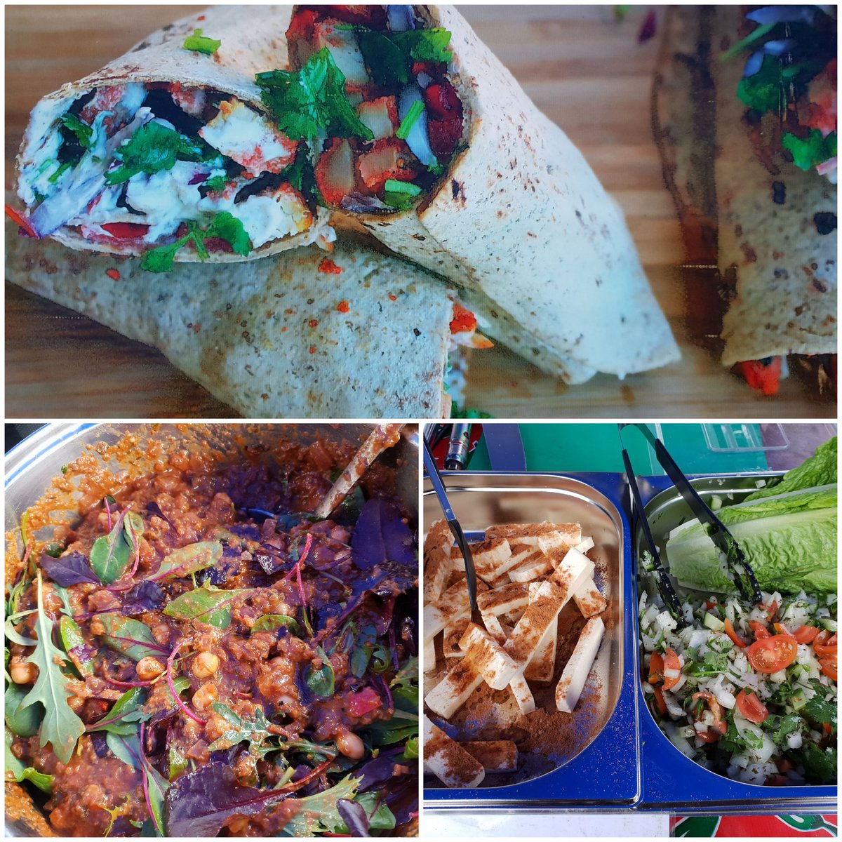 Today's menu @RCMAmarkets riverside: tikka wraps(chicken or paneer)chickpea and organic spinach massala with pillau rice and poppadoms!