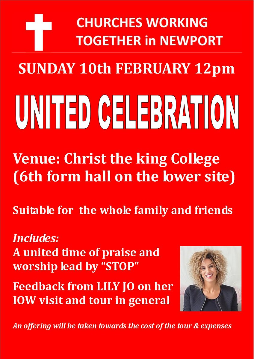 TODAY! The amazing <a href="/lilyjoproject/">L I L Y - J O [OFFICIAL]</a> is with us at our <a href="/Newportchurches/">Newport Churches IOW</a> united service  <a href="/ChristTheKingIW/">ChristTheKingCollege</a> 6th form Centre, Wellington Rd. Starts 12pm.
PLEASE RETWEET :-)