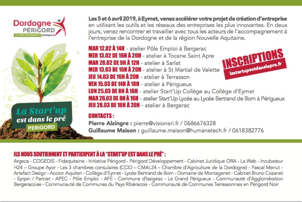Demain, c'est le grand jour pour Eymet avec le lancement de la 17 eme édition de la <a href="/SUDLP_concours/">Startup dans le pré</a> <a href="/cddordogne/">Dordogne-Périgord, le Département</a> . Bravo à tous les acteurs mobilisés ! <a href="/gmaison/">Guillaume Maison</a> <a href="/orange/">Orange</a> <a href="/SPIEgroup/">SPIE</a> <a href="/CA_16_24/">CA Charente-Périgord</a> Region Nouvelle Aquitaine <a href="/al_rousset/">Alain Rousset</a> #tremblaytp <a href="/BpifranceCrea/">Bpifrance Création</a> @pole_emploi