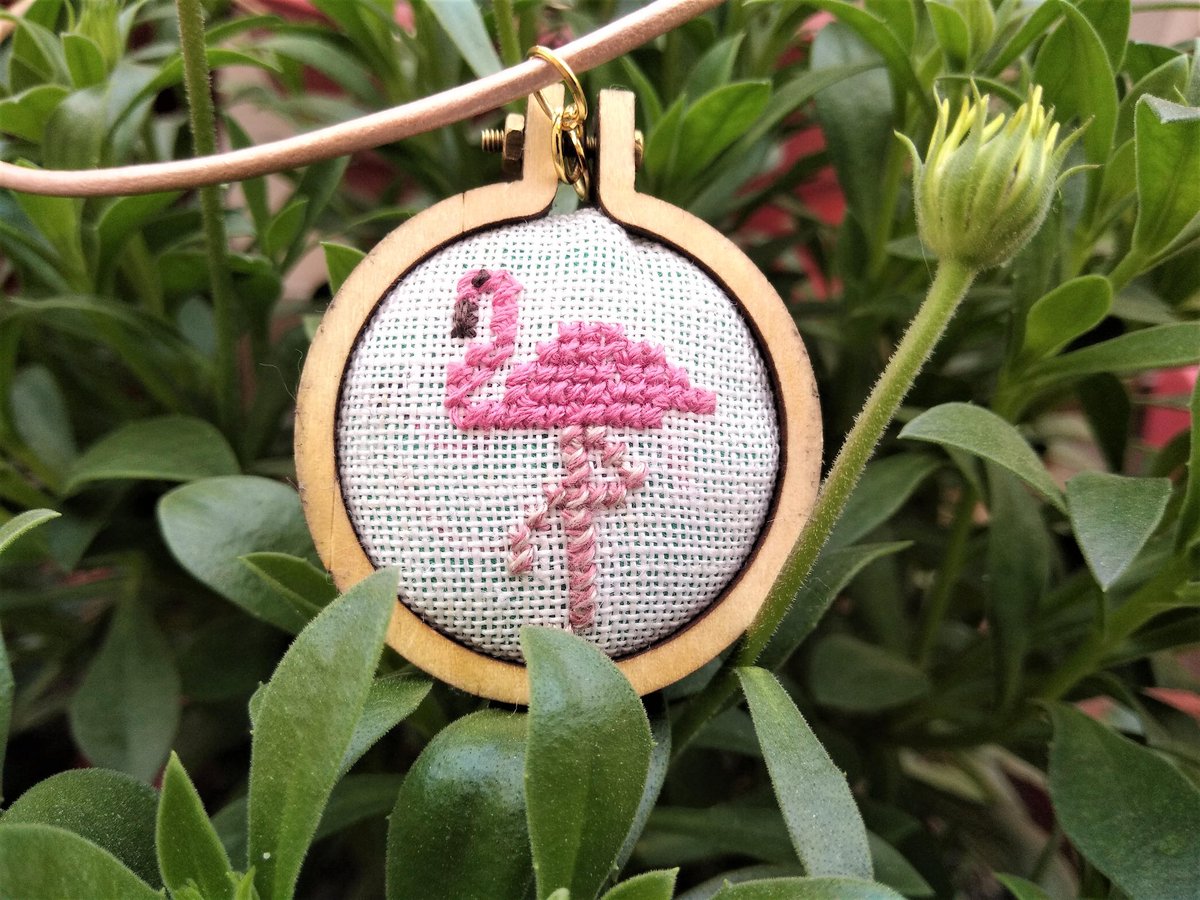 celebrate spring with this sunny Flamingo pendant: embroidered necklace pendant, hand embroidery jewelry, #flamingo pendant, flamingo necklace cross stitch #etsy #beachtropical, #minicrossstitch, #minihoopart, #nataschasood, #etsyloco etsy.me/2SAJie3