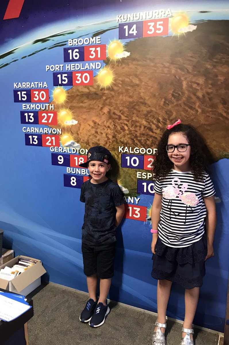 Mrs_Saraceni's tweet photo. Welcome to 7 News with ‘Miss A’ and ‘Mr C’ @7perth #weatherreporters #newsreporters #sportreport https://t.co/8dSbeV58Qe