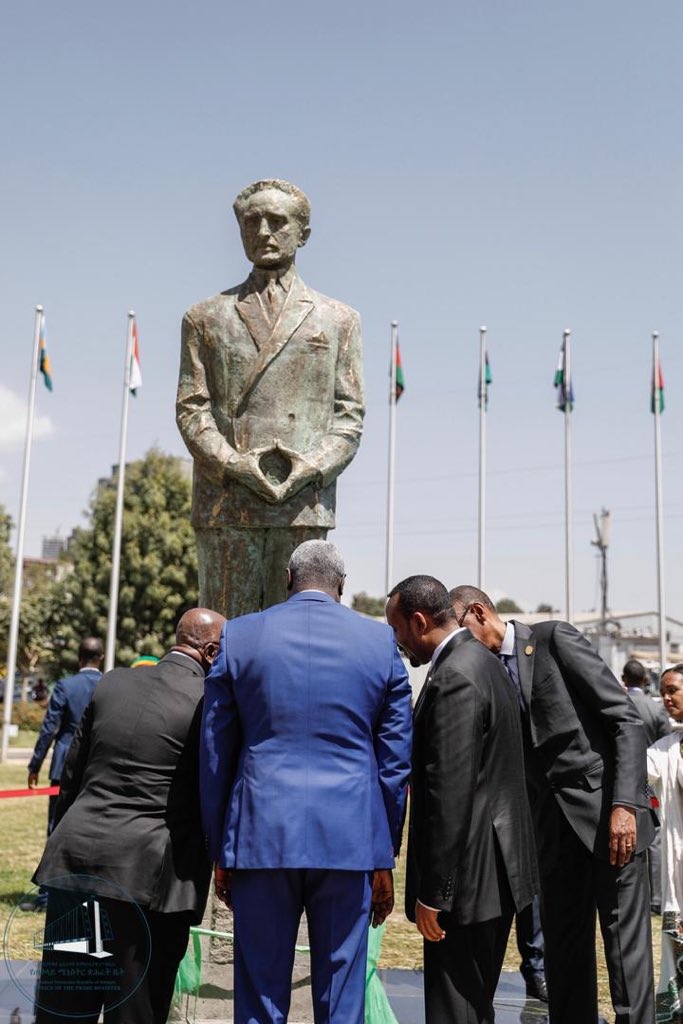 PM Abiy Ahmed with Presidents of Rwanda, Ghana &amp; the Chairperson of the #AUC unveiled the statue of HIM Haile Sellasie. This historic event acknowledges one of the founding Fathers of the OAU - the African Union’s predecessor - for his contributions. 
#PMOEthiopia #AUSummit2019