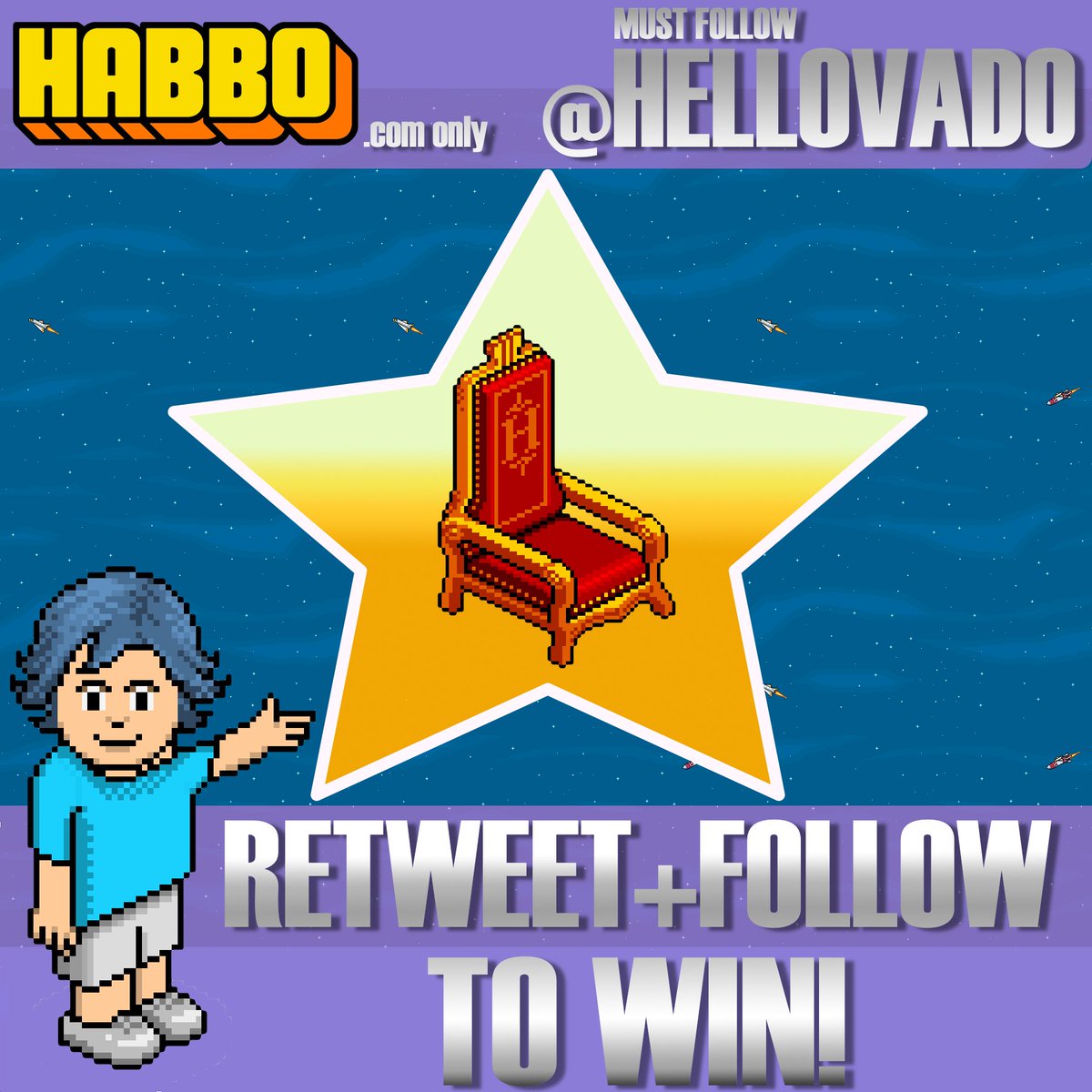 🚨RETWEET + FOLLOW TO WIN!🚨
⭐️BRAND NEW #HABBO THRONE!⭐️
‼️<a href="/Habbo/">Habbo</a>.COM ONLY.‼️
Ends 17th Feb. #VadoRTComp