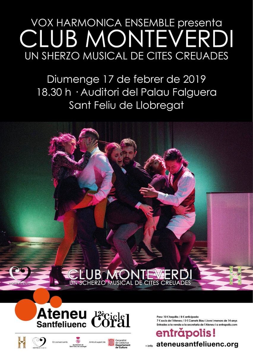 Diumenge 17 de febrer 18:30h #ClubMonteverdi #PalauFalguera <a href="/ateneusf/">Ateneu Santfeliuenc</a> de Sant Feliu de Llobregat.

No podeu deixar passar la oportunitat de gaudir de l'obra amb llibret de Jordi Pérez Solé!! Us hi esperem!

#Monteverdi #madrigals #TeatreContemporani #MusicaTeatre <a href="/notteegiornopr/">notteegiorno</a>