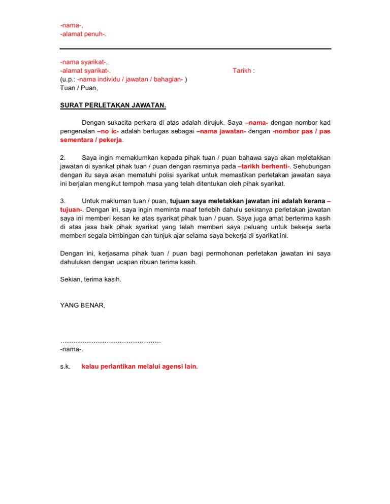 Contoh Surat Kena Berhenti Kerja